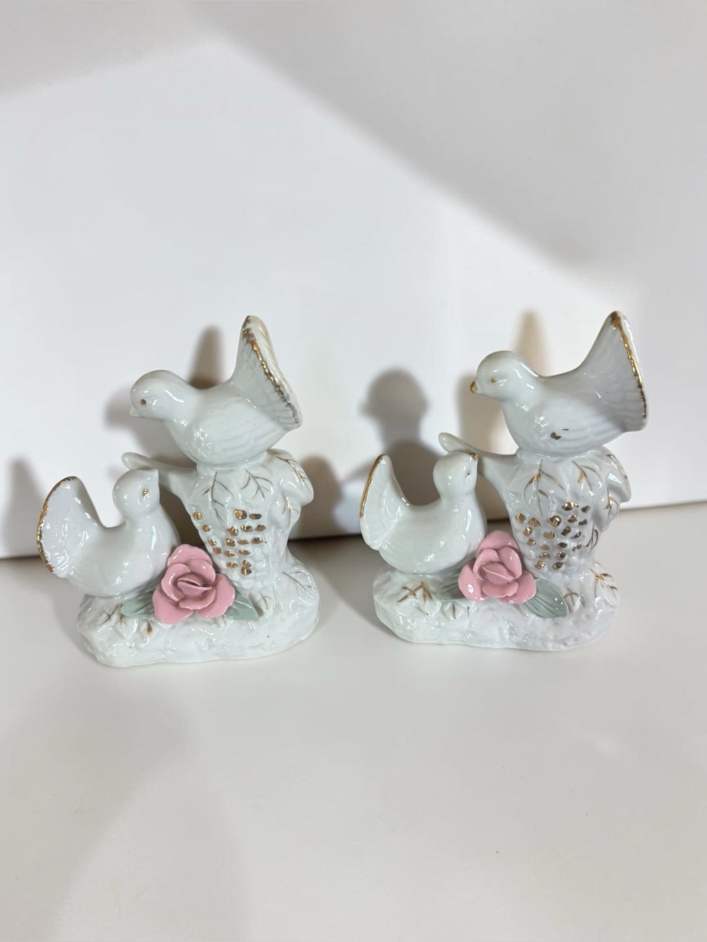 Vintage White Porcelain Dove Figurines Pair Pink Roses Gold Trim Birds